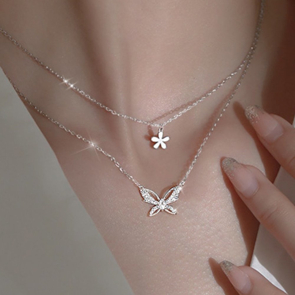 #NEW 925 Sterling Silver Diamond Butterfly Flower Double Layer Necklace